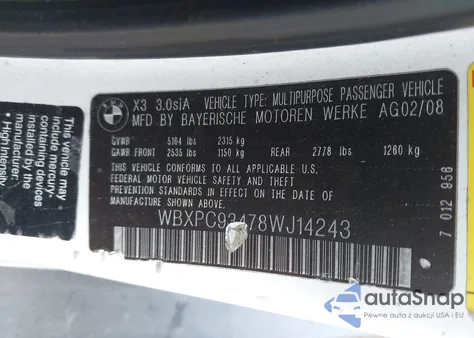 2008 BMW X3 3.0Si from USA, damaged, VIN WBXPC93478WJ14243